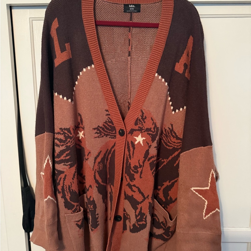 Dressed in LALA Brown & Rust Horse Intarsia Button Cardigan